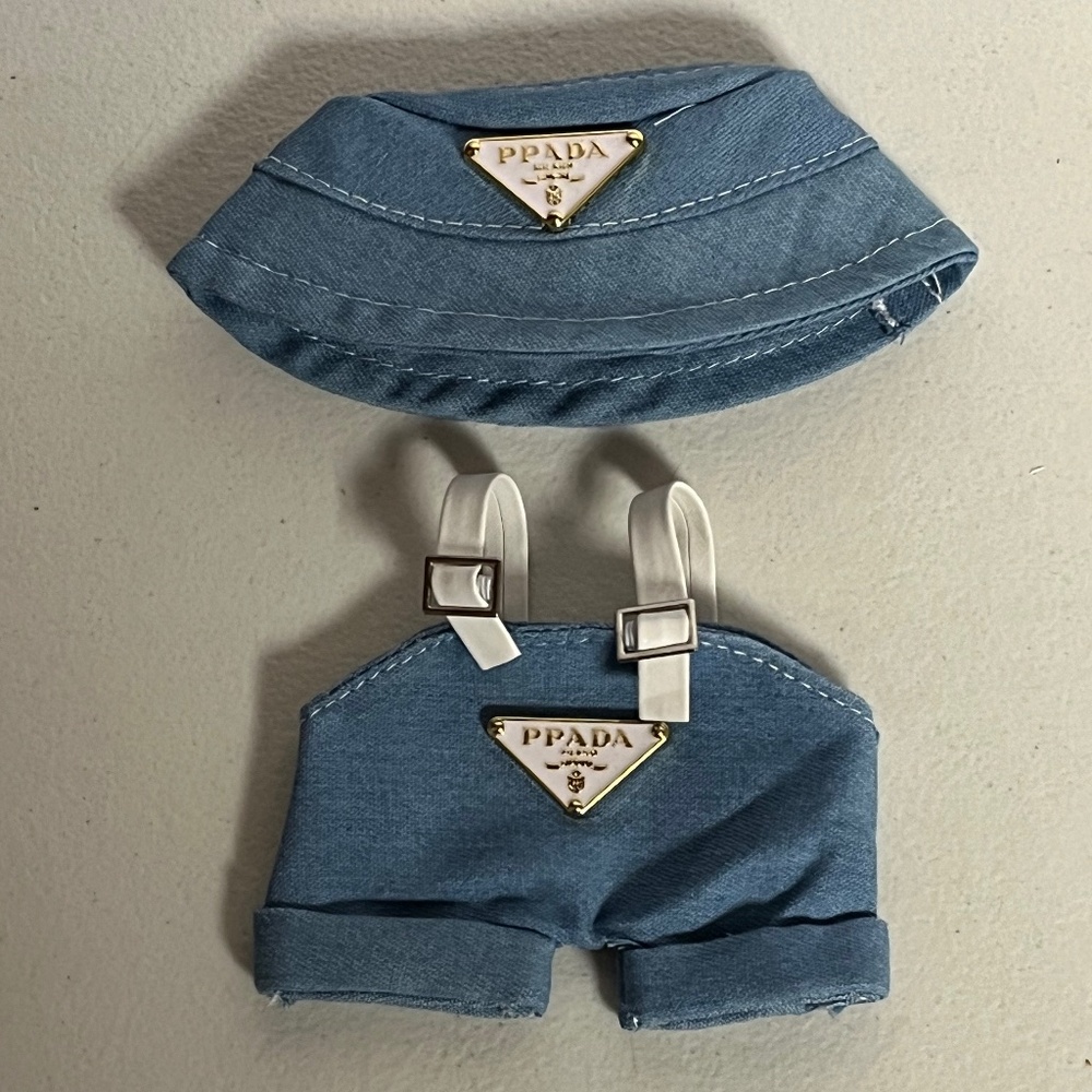Labubu Designer Overalls Bucket Hat 2 Piece Outfit Blue Suspenders